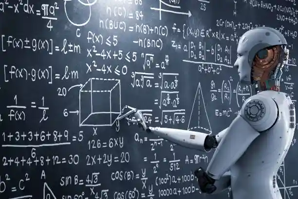 A robot solving complex mathematical problems on a whiteboard